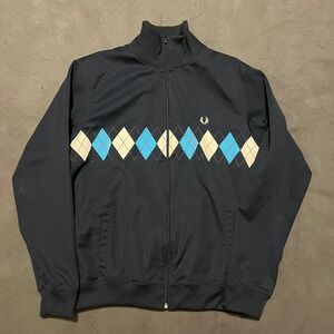 VTG Fred Perry Sportswear Mens Track Jacket Argyle Pattern Blue Full Zip Large
